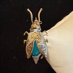 Vintage Spain Inspired Gold Tone Damascene and Turquoise Bug Brooch Pin